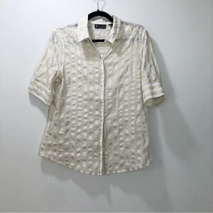New York & Company Women’s White Gold Striped Short Sleeve Button Down